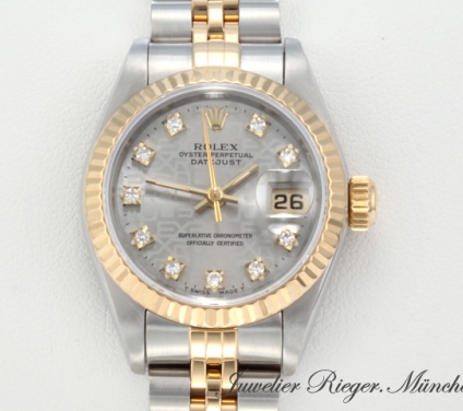 Uhransicht von vorne, hauptsächlich das Zifferblatt und die Lünette sichtbar. Rolex Lady Datejust Edelstahl Gelbgold 750 Diamanten Automatik Gold Stahl Damen