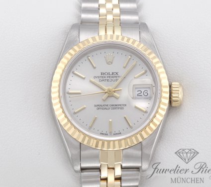Uhransicht von vorne, hauptsächlich das Zifferblatt und die Lünette sichtbar. Rolex Lady Datejust Edelstahl Gelbgold 750 Automatik Gold Stahl Damen