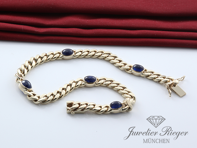 Bild 3 der Galerie: Wundervolles Panzer-Armband Gelbgold 585 blaue Saphire Länge 19,5 cm Gold