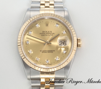 Uhransicht von vorne, hauptsächlich das Zifferblatt und die Lünette sichtbar. Rolex Datejust 36 mm 16233 2002 Stahl Gelbgold 750 Diamanten Automatik