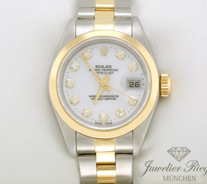 Uhransicht von vorne, hauptsächlich das Zifferblatt und die Lünette sichtbar. Rolex Lady Datejust 2001 LC100 Edelstahl Gelbgold 750 Diamanten Automatik Gold Stahl Damen