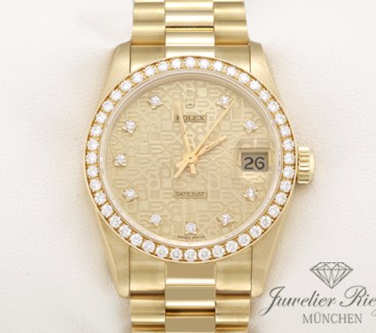 Uhransicht von vorne, hauptsächlich das Zifferblatt und die Lünette sichtbar. Rolex Medium Datejust 31 mm 68288 1992 Gelbgold 750 Diamanten Automatik Gold