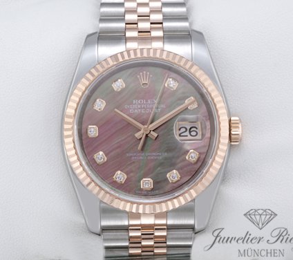 Uhransicht von vorne, hauptsächlich das Zifferblatt und die Lünette sichtbar. Rolex Datejust 36 mm 116231 Stahl Rosegold 750 Perlmutt Diamanten Automatik