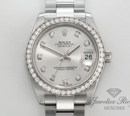 Uhransicht von vorne, hauptsächlich das Zifferblatt und die Lünette sichtbar. Rolex Medium Datejust 31 mm 178384 2010 Stahl Weissgold 750 Diamanten Gold