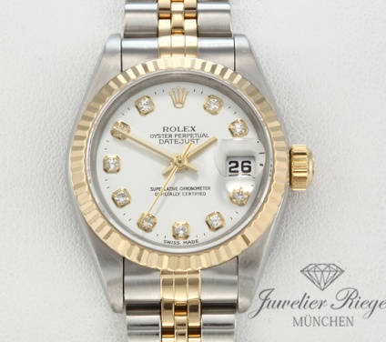 Uhransicht von vorne, hauptsächlich das Zifferblatt und die Lünette sichtbar. Rolex Lady Datejust Edelstahl Gelbgold 750 Diamanten Automatik Gold