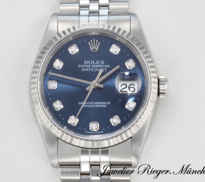 Uhransicht von vorne, hauptsächlich das Zifferblatt und die Lünette sichtbar. Rolex Datejust 36 mm 16234 1998 Stahl Weissgold 750 Diamanten Automatik
