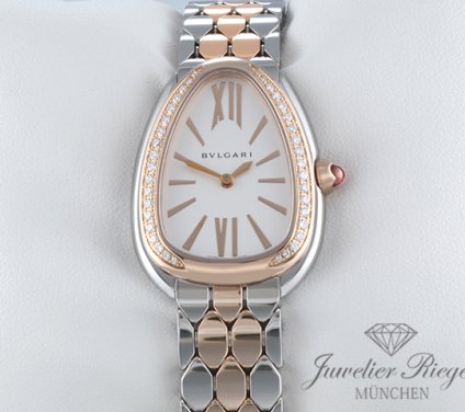 Uhransicht von vorne, hauptsächlich das Zifferblatt und die Lünette sichtbar. Bulgari Serpenti Seduttori Edelstahl Rosegold 750 Diamanten 103945 Gold Damen